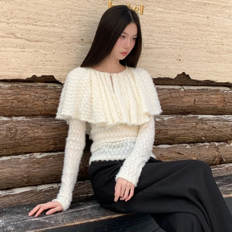 تي شيرت شال أنيق للسيدات بأكمام طويلة بقصة ضيقة على الطراز الكوري بلوزة قصيرة بلون سادة 2026 بلوزات جديدة