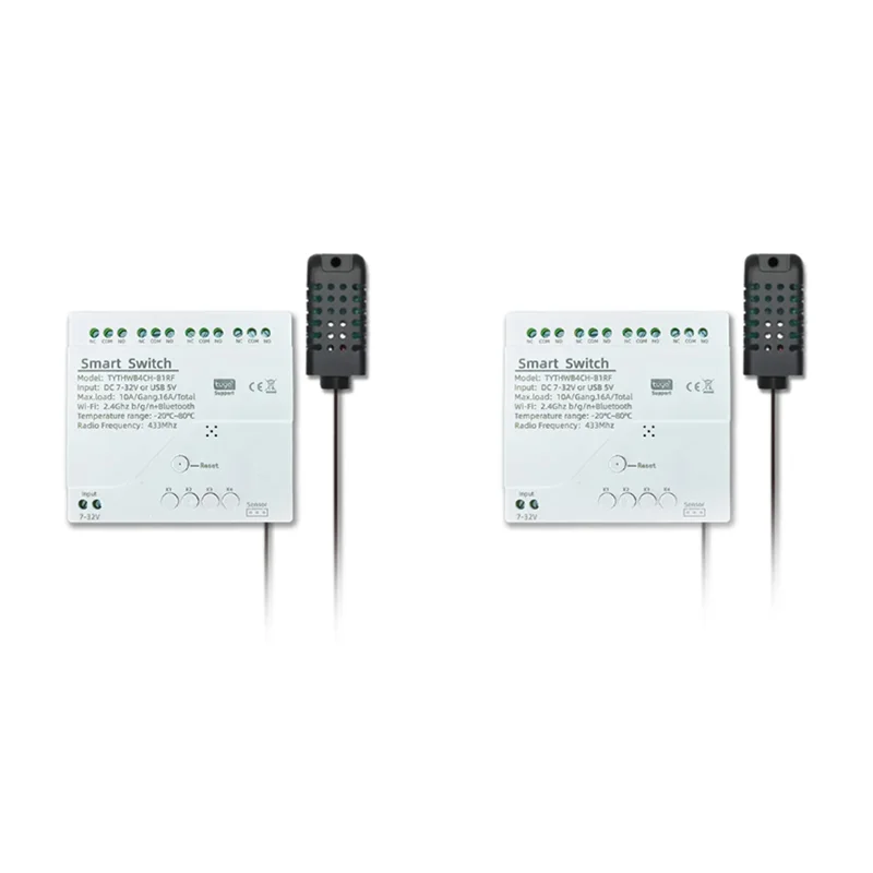 

CABE-2X Tuya Smart Wi-Fi 4-канальное реле с датчиком температуры и влажности пассивный сухой контактный переключатель RF433 для Alexa Alice (B)