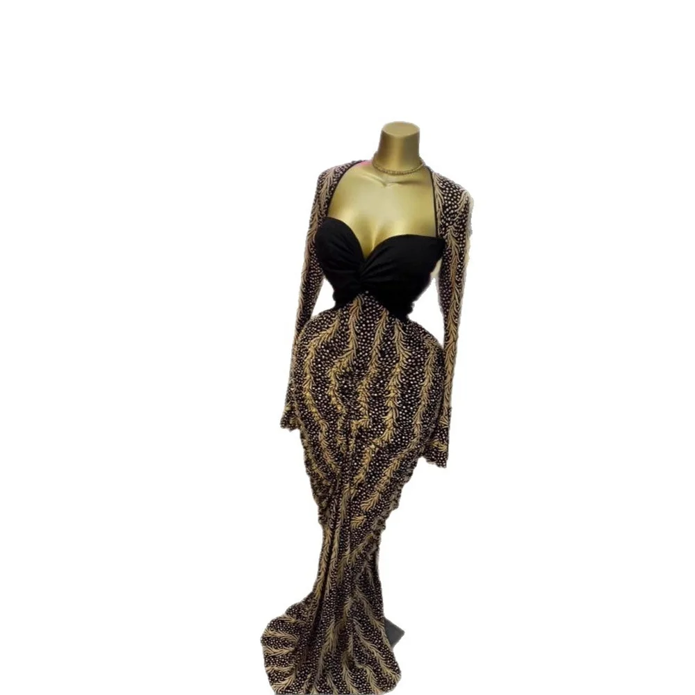 女性用セクシー長袖プリント入りギャザー入りボディコンマキシロングドレス2025ナイトクラブパーティードレスセレブリティバースデードレス