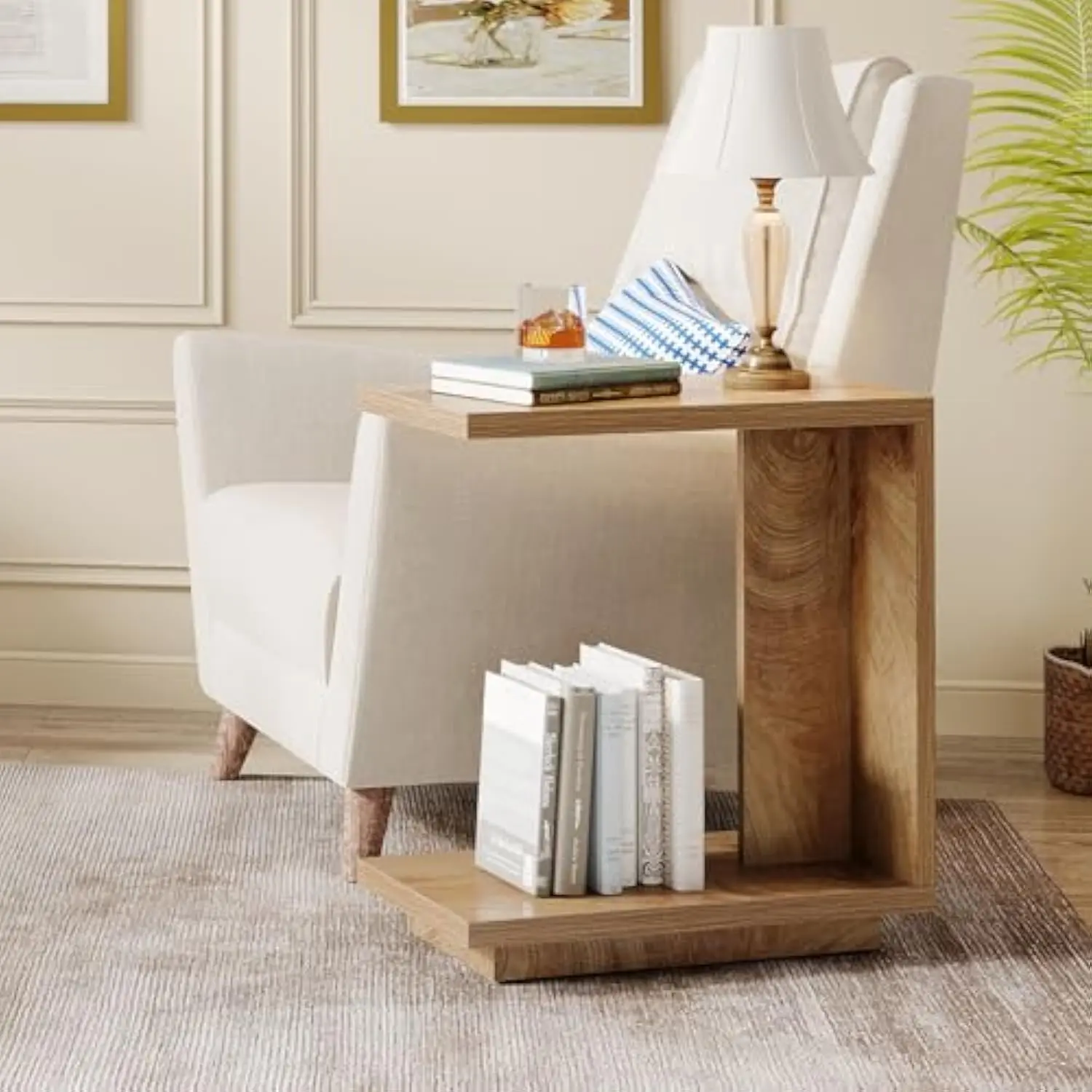 

C-Shaped Side Table for Couch, 2-Tier Narrow End Table with Sturdy Pedestal, Industrial Sofa End Table for Living Room, Bedroo