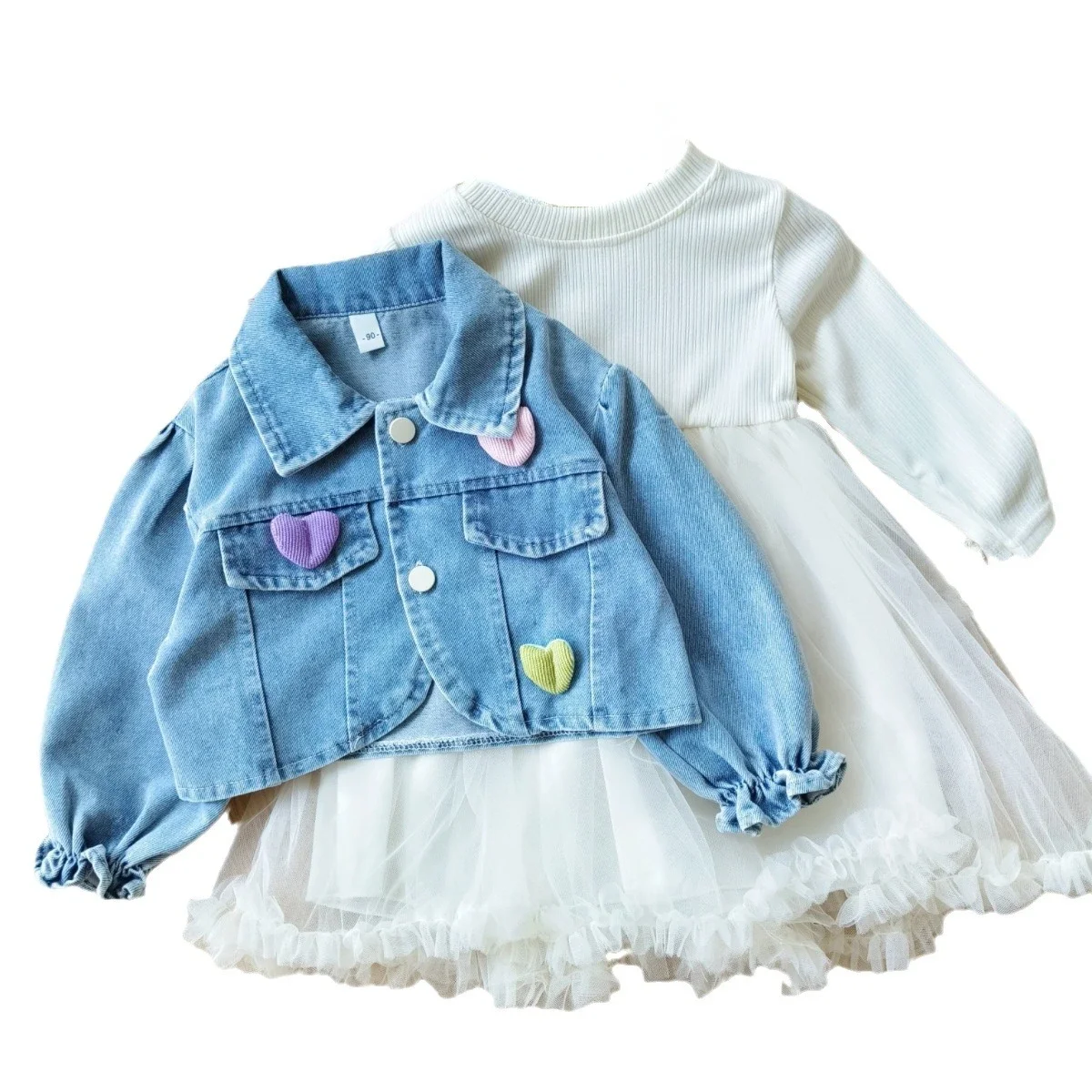 Spring Autumn Girls\' dresses Set: Infant Toddler Mesh Butterfly Bow Dress + Denim Lapel Jacket 2-Piece Ensemble