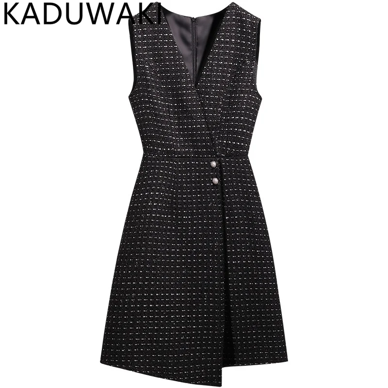 Vintage Elegant V Neck Tweed Vest Dress Women Slim Waist A Line Autumn Winter 2024 Vestidos Mujer French Chic Office Lady Robe