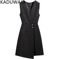 Vintage Elegant V Neck Tweed Vest Dress Women Slim Waist A Line Autumn Winter 2025 Vestidos Mujer French Chic Office Lady Robe
