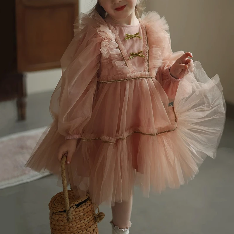 Customized 2024 New Fairy French O-neck Puff Long Sleeve Flower Girl Dresses Exquisite Spliced Color Bow Design Ball Gown Popula