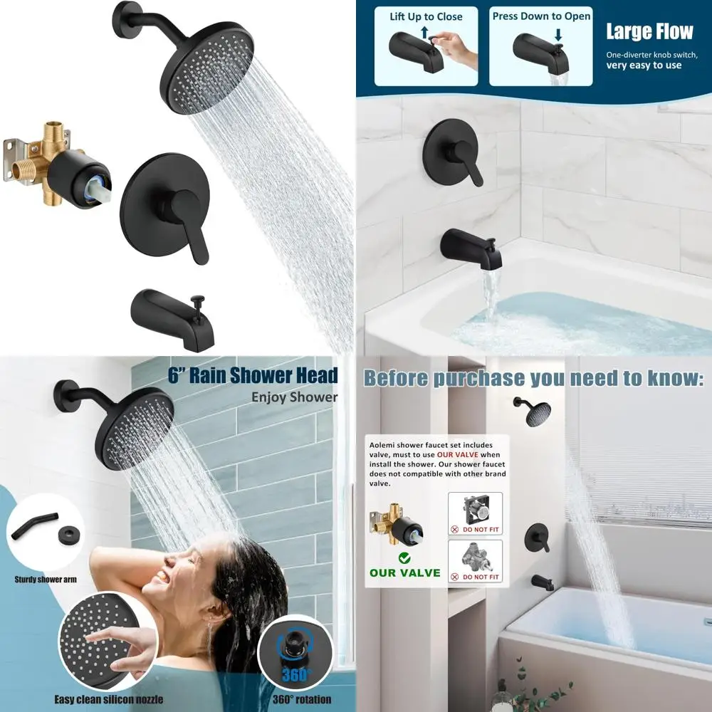 

6 Inch Wall Mount Tub Shower Faucet Set with Single Spray, Rough-in Valve, 6 Inch Bathtub Fixtures, Shower Trim Kit for Home Bat