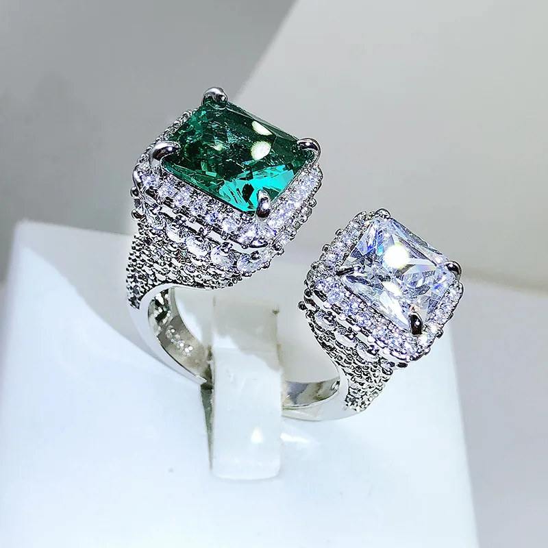 

NEW Creative Colorful Treasure Square Emerald Full Diamond Open Adjustable Couple Ring For Women Green Anniversary Gift Jewelry