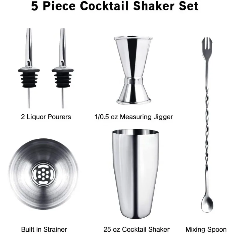 Portable Party Bar Mixing Kit, 5Pcs Stainless Steel Boston Cocktail Shaker Jigger Muddler Spoon Outdoor Camping Drink Tools