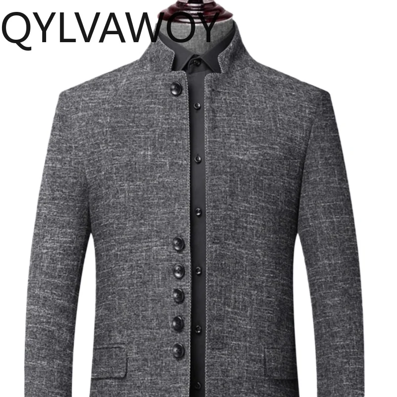 QYLVAWOY Men's Stand-Up Collar Outfit Suit Middle-Aged Casual Blazer Business Wrinkle-Resistant Spring Autumn Outerwear LJ2254