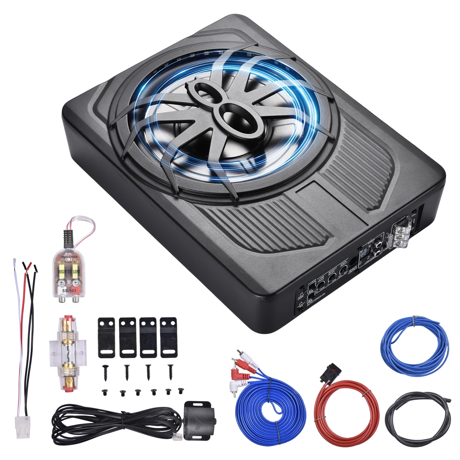 10-Zoll-Subwoofer für den Unterbau, 800W schlanker aktiver Auto-Subwoofer mit integriertem Verstärker und blauer LED-Ambientebeleuchtung, flacher Einbau-Subwoofer für LKWs, SUVs und Wohnmobile,