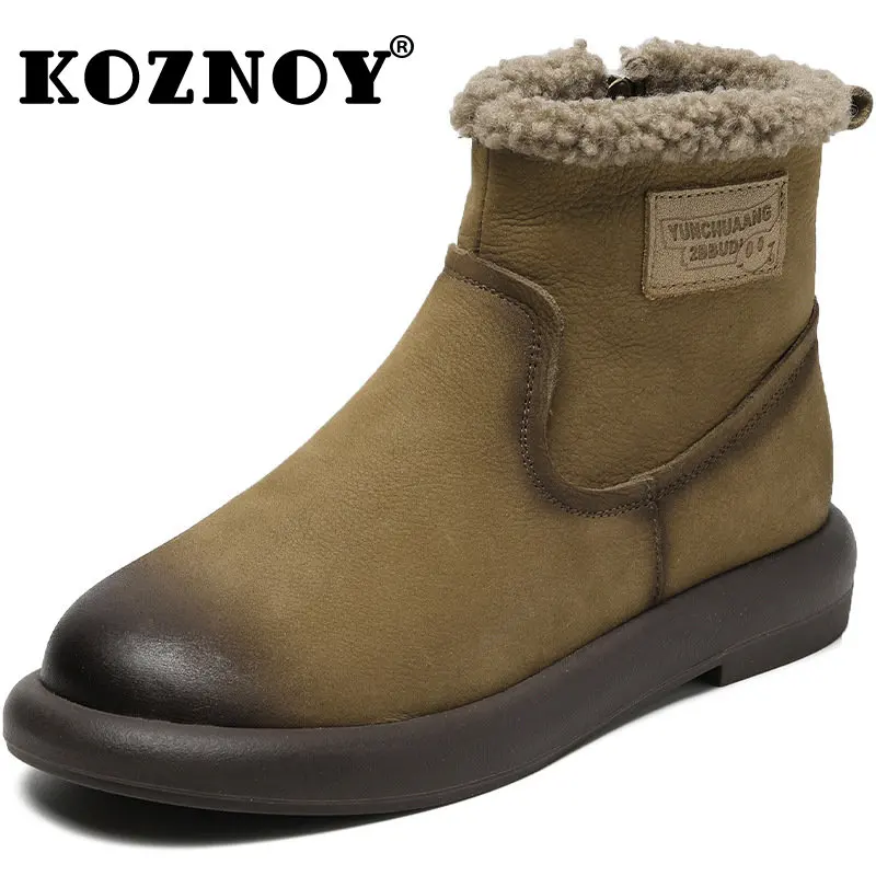 Koznoy 3cm New Genuine Leather Natural Winter Women Booties Ladies Soft Solid Flats Plush Warm Fur Ankle Snow Boots Autumn Shoes