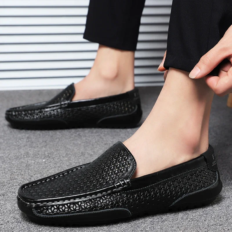 Black Men Shoes Casual Genuine Leather Mens Loafers Moccasins Luxury Brand Italian Breathable Slip on Boat Shoes 2024