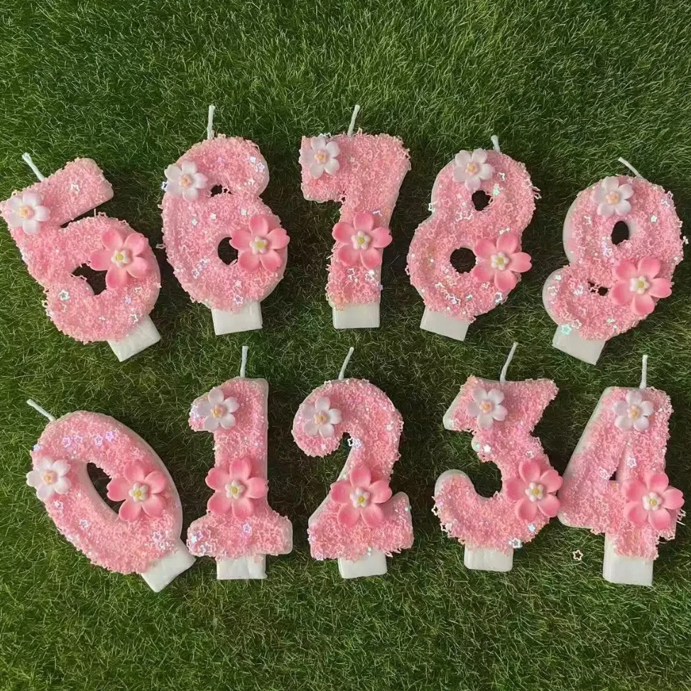 Geburtstag Rosa Stern Kerze Kuchen Topper Farbe Kreative Zahl 0-9 Kerze Blumen Digitale Kerzen Mädchen Geburtstag Party Dekoration