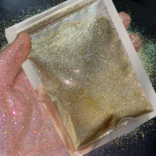 Polvo de diamante de azúcar holográfico dorado, pigmento de diamante fino brillante, bricolaje, esmalte de Gel UV, polvo de brillo dorado iridiscente, 10g, 0,2mm