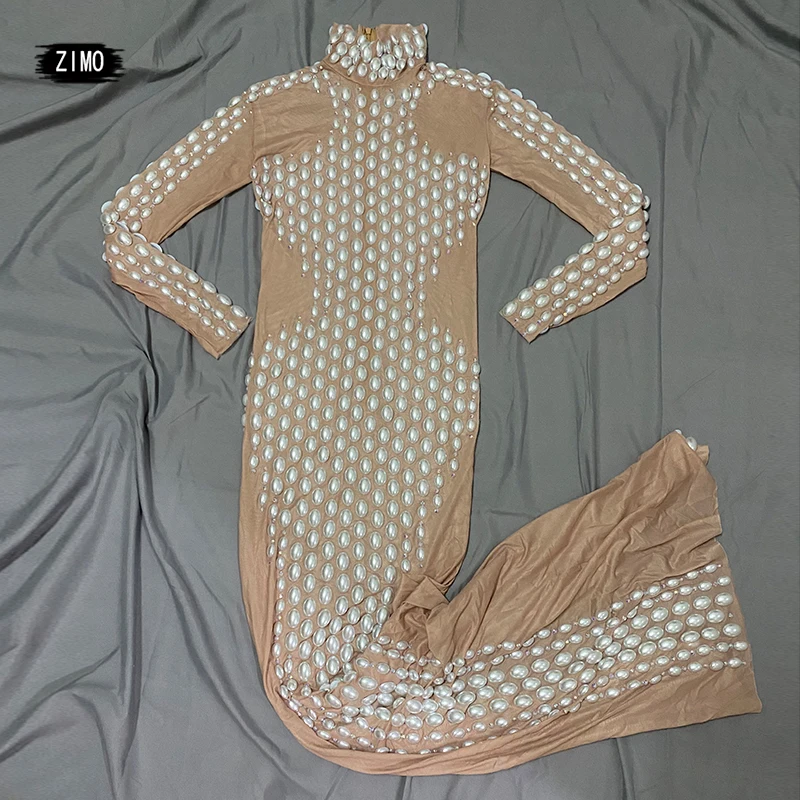 Nuovo stile Abito in rete di strass e perle di alta qualità, abito da ballo sexy a maniche lunghe, costume da cantante femminile, festa notturna di compleanno