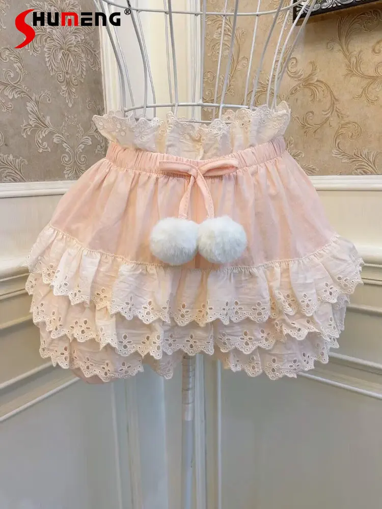 Lolita Girl Bowknot Plush Fur Ball Puffy Cake Ruffles Shorts for Women Summer Princess Culottes Cute Pink Base Shorts Female