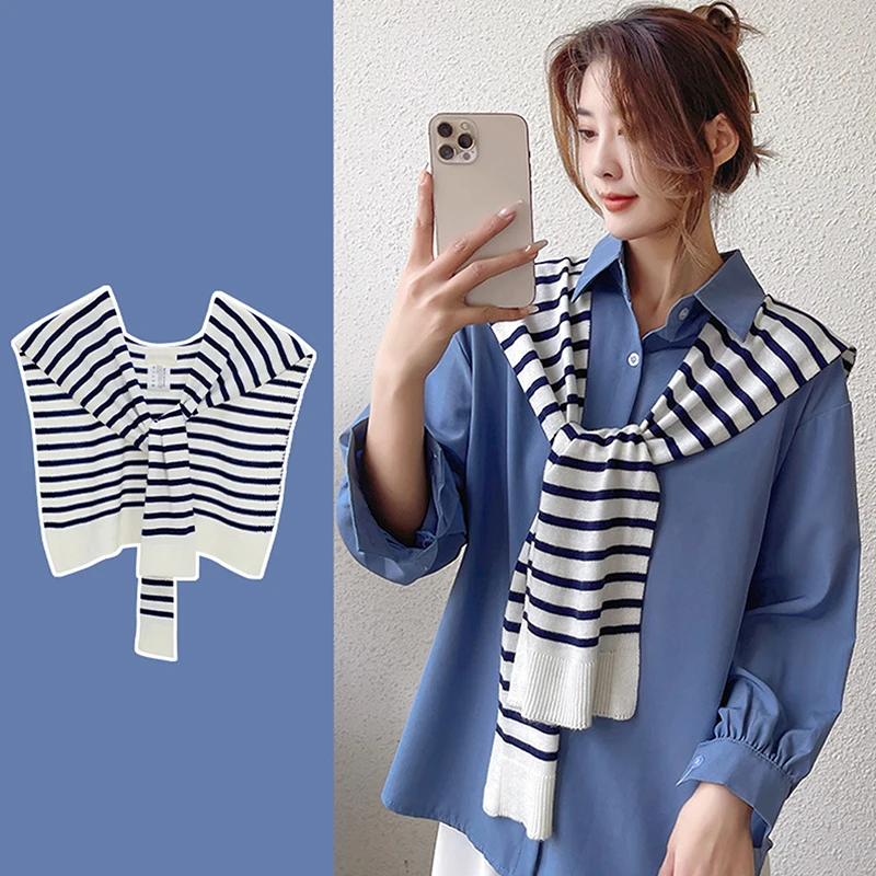 Korean Striped Knitted Warm Shawl Winter Female Blouse Shoulders Fake Collar Cape Knotted Scarf Stripe Outerwear