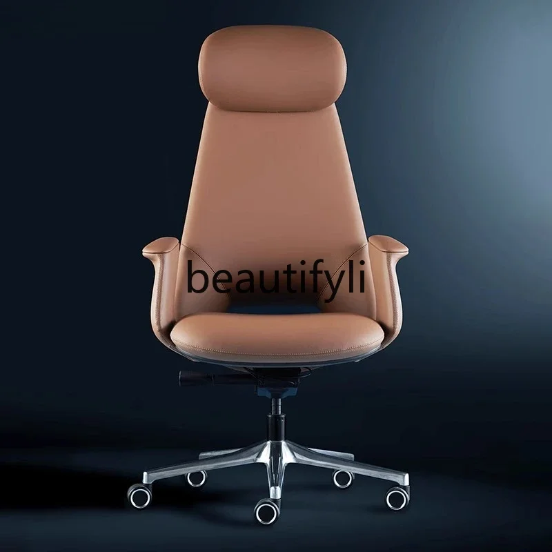 

xqqItalian minimalist leather boss office chair study computer chair cowhide class, president seat can lie down