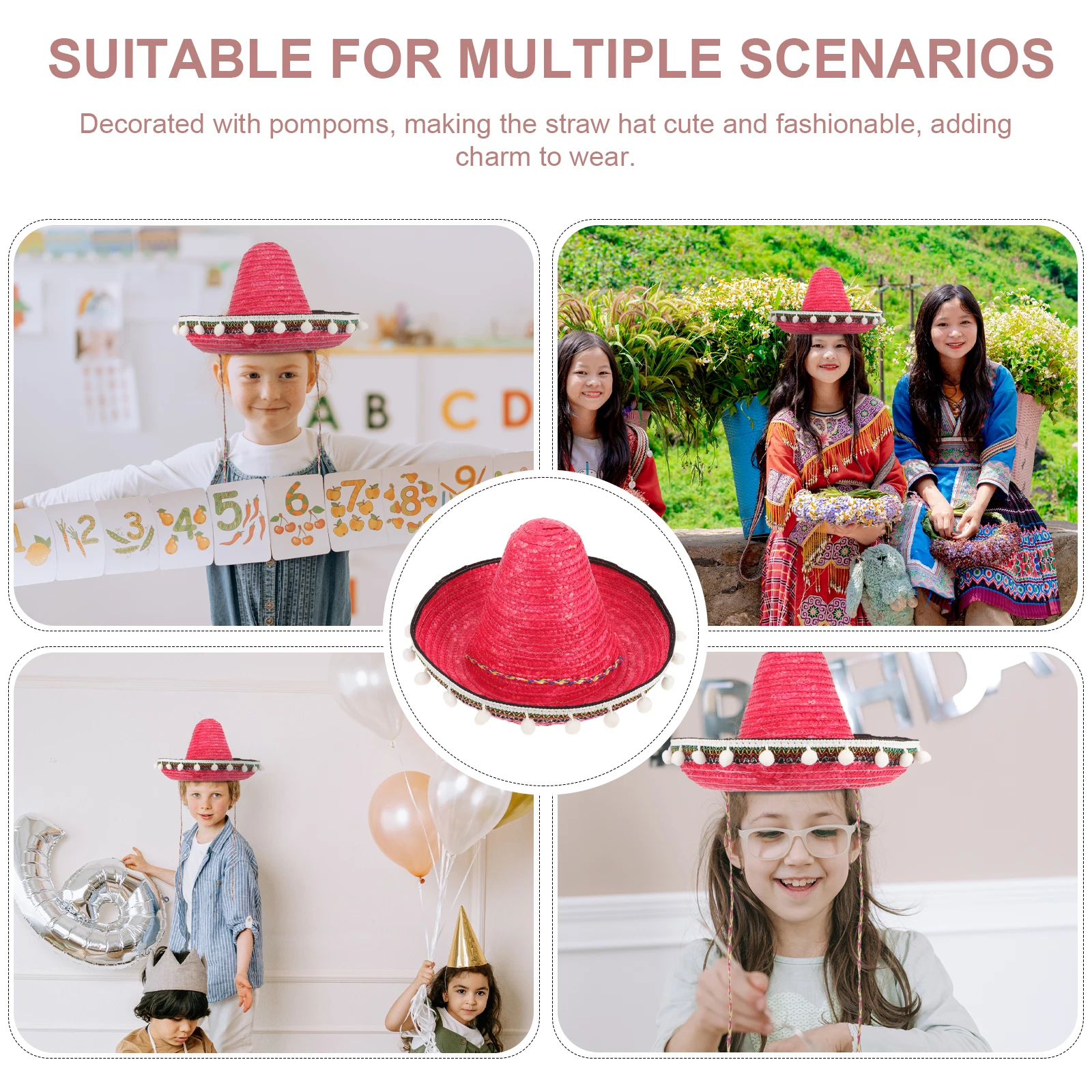 

Mexican Straw Hat Pompoms for Children Performance Dance Party Props Colorful Carnival Hats Family Gathering