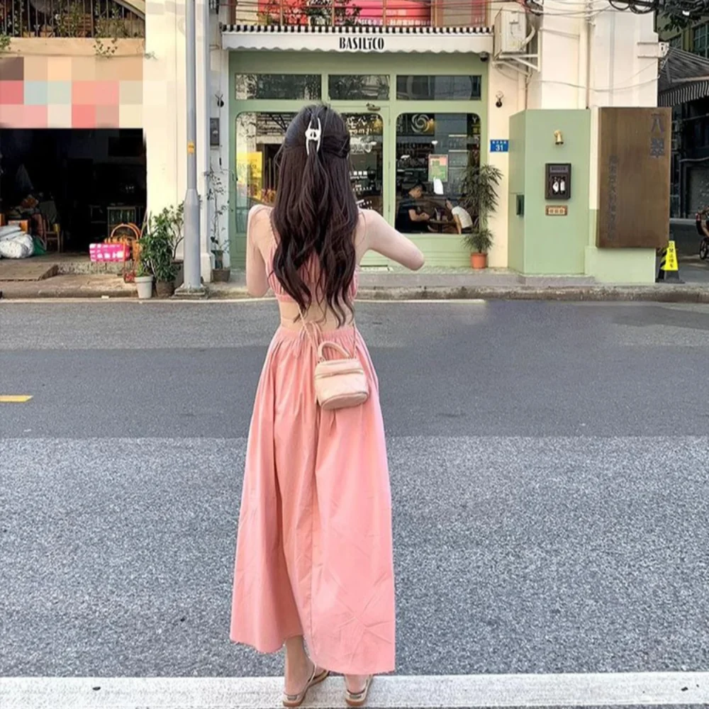 A-line Sling Dress Elegant Solid Color Hanging Neck Style Beach Dress Backless Off-the-shoulder Waist Dress Beach Style