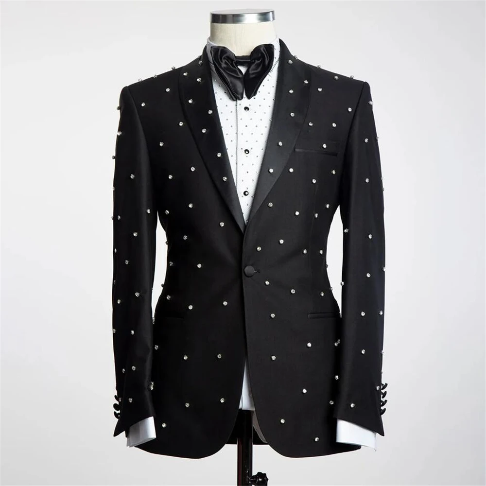 Black Wedding Suits For Me Fit Slim Silver Beading Jacket Pants 2 Pieces Groom Man Tuxedos Gentleman Formal Occasions Prom Dress