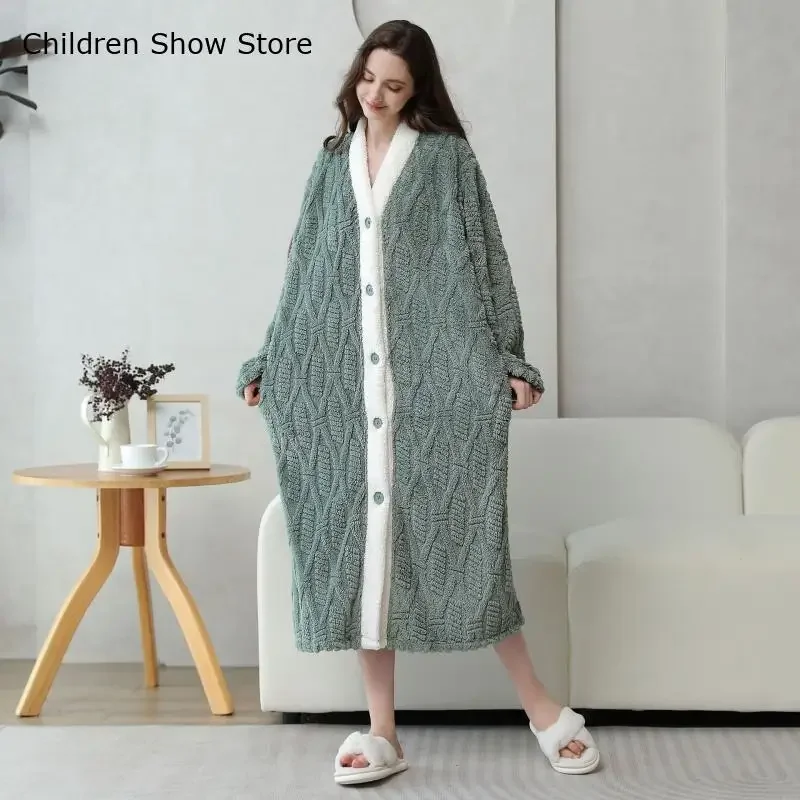 Lady Thicken Fleece Jacquard Home Clothes Sleepwear Winter Warm Kimono Nightgown Long Button Down Loungewear Peignoire Robe