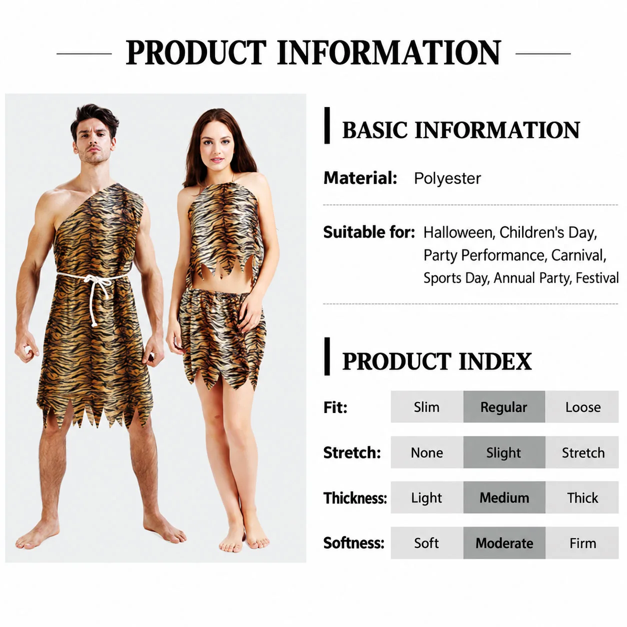 Caveman Costume Men Women Stone Age Tiger Print Couple Outfit Prehistoric Primitive Party Halloween Cosplay Performance Set view 4
