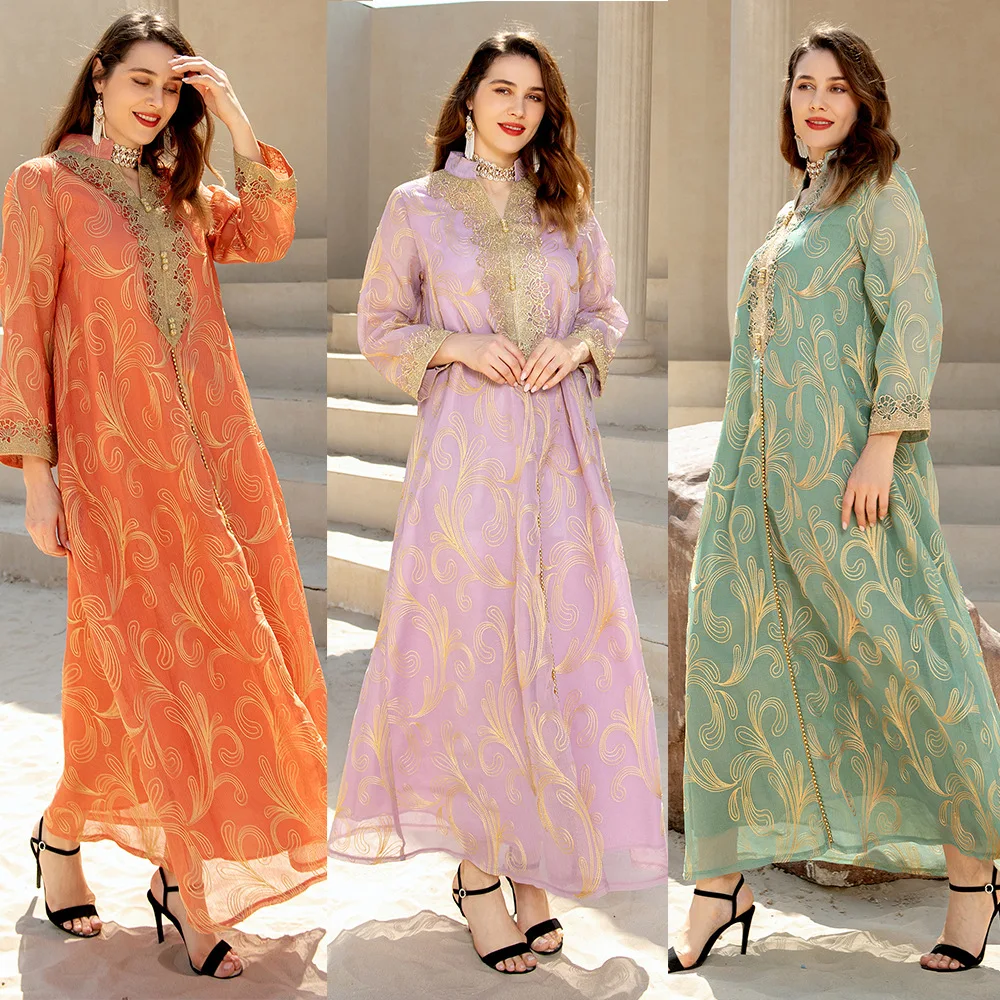 

2023 Ramadan Eid Abaya Dress For Women Modest Muslim Gold Thread Embroidery Jalabiya Moroccan Caftan Dubai Arabic Ethnic Robe