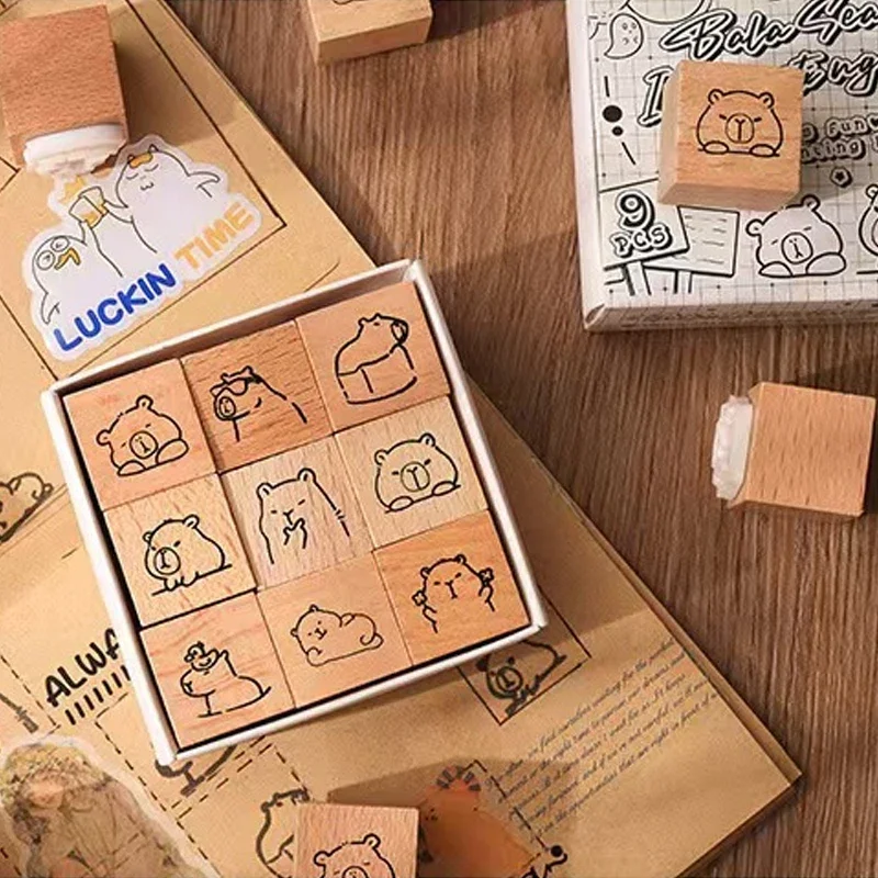 9Pcs/Box Cute Capybara Chop Cartoon Student Teacher Reward Stamps School Birthday Party Bags Gifts Cartoon Wood Stamp