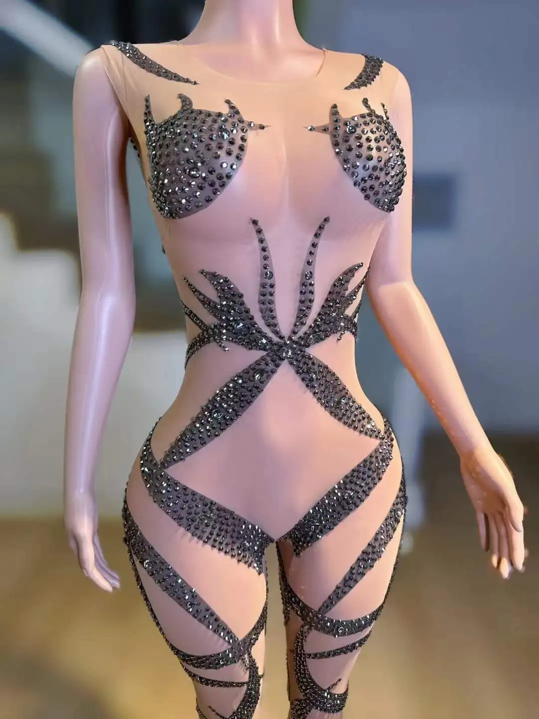 Bez rękawów czarne wzór ognia kombinezony z kryształami górskimi dla kobiet seksowne tańce na rurze nocne klubowe Drag kostium królowej 2024