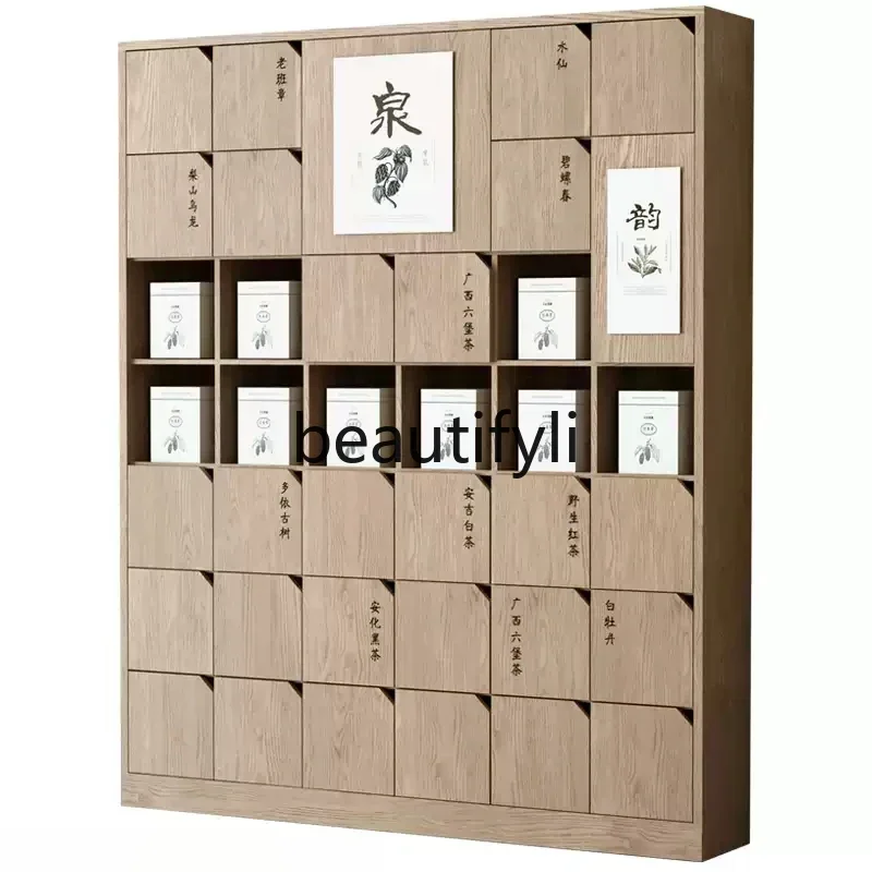 

Log wind tea wall cabinet floor-to-ceiling Baizi Duobao grid background cabinet tea room storage