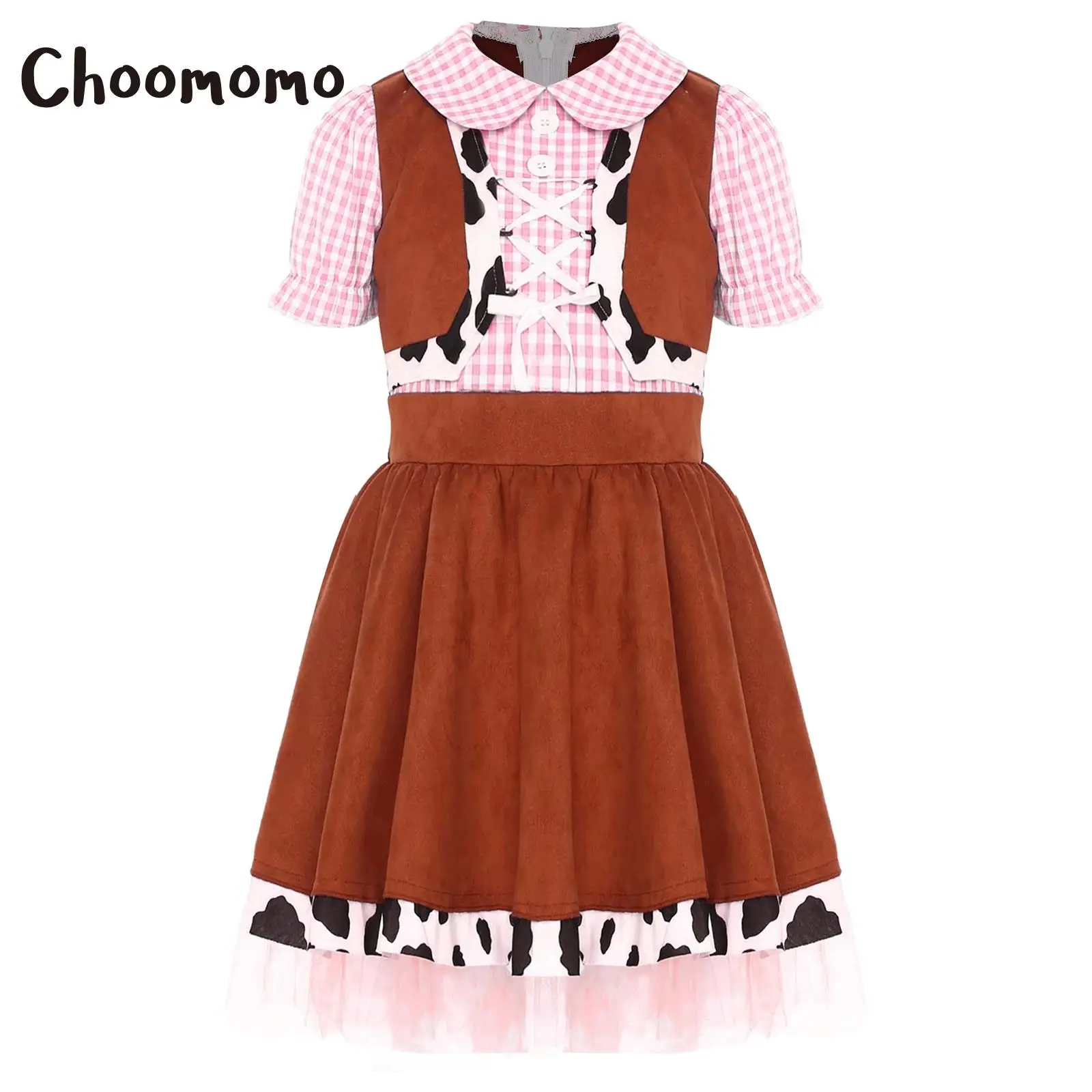

Puff Sleeve Cow Print Gingham A Line Western Cowboy Cowgirl Costume Dress for Girls Halloween Cosplay Carnival Fancy Dress Party