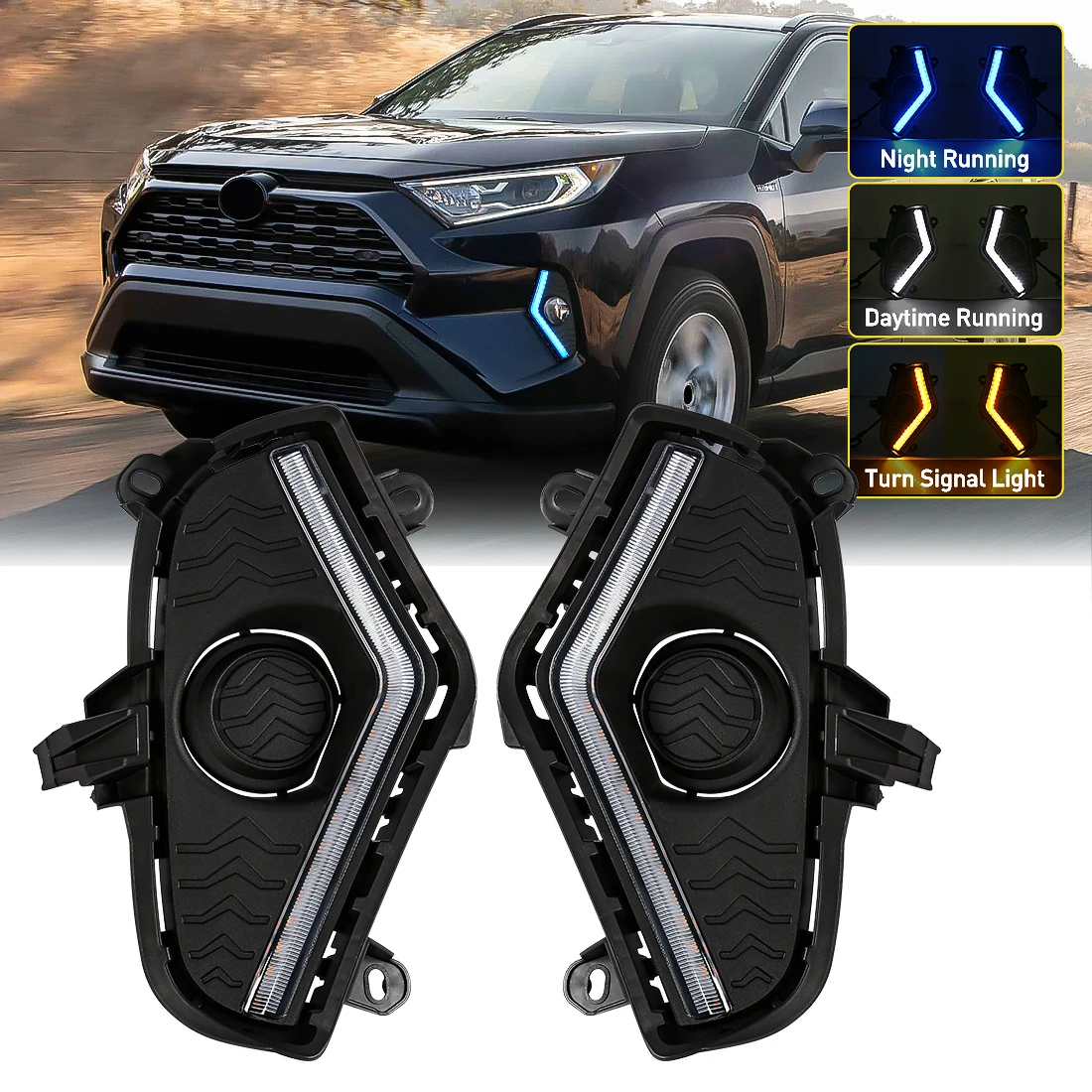 Car Front Bumper LED Daytime Running Light 3 Colors DRL Fog Lamp For Toyota RAV4 2019 2020 2021 2022 Turn Signal Night Light 12V