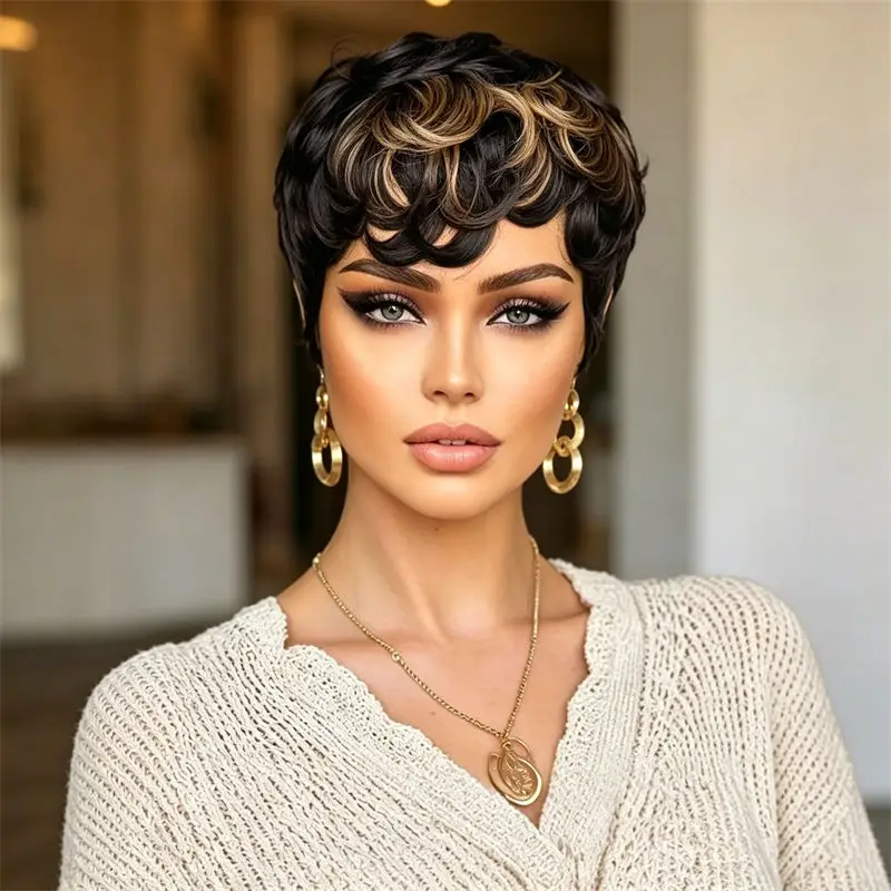ショートピクシーカット人毛ウィッグ-女性用-リアルなヘアライン-ウェーブレイヤー-フルマシンメイドウィッグ-通気性抜群-デイリー-フェスティバル-コスプレ用