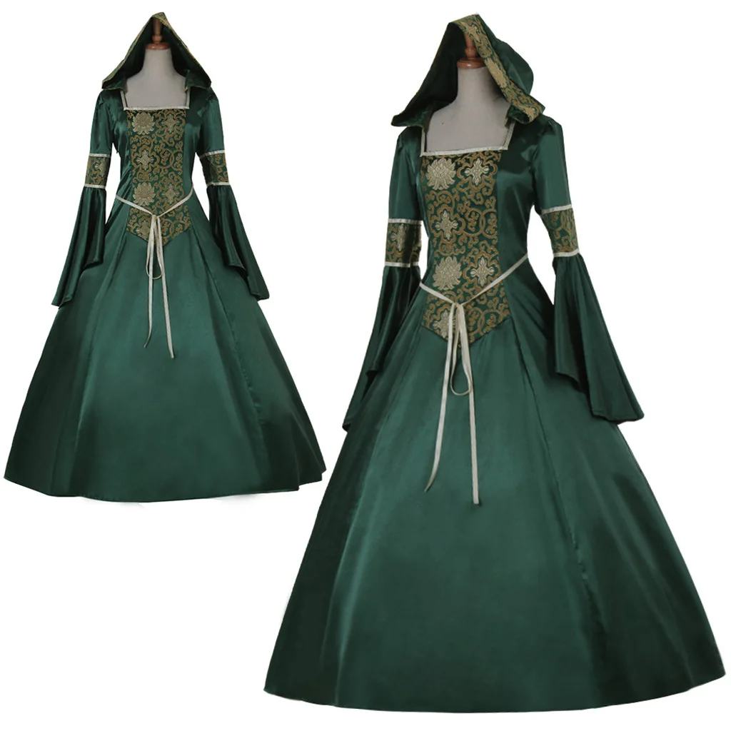 Europe and the United States medieval retro court hooded dress Gothic square collar tie with flared sleeves large skirt