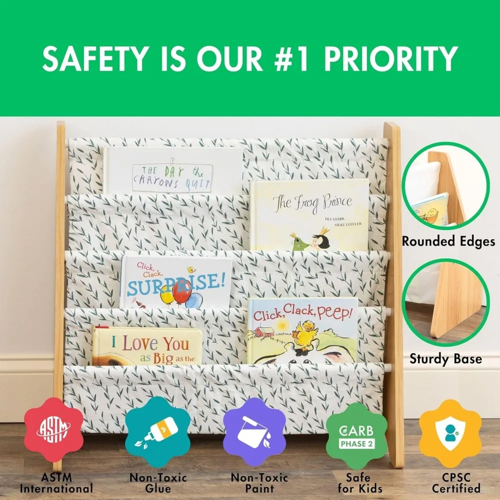 Estante infantil de 4 camadas com bolsos profundos de tecido – Organizador de livros de berçário que economiza espaço para crianças e crianças