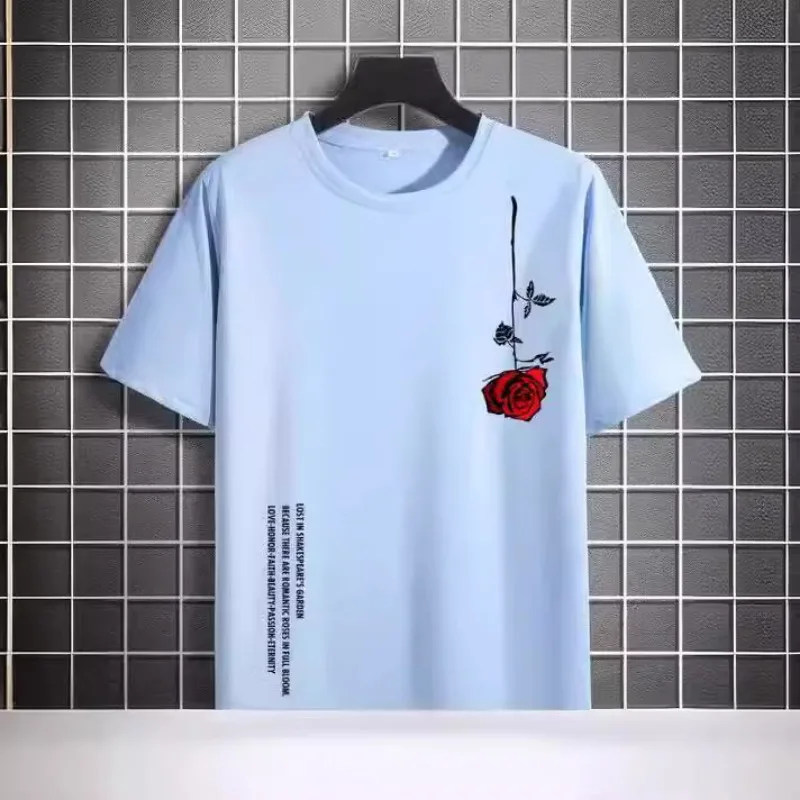 تي شيرت رجالي صيفي فضفاض مقاس 100% قطن مطبوع عليه وردة كاجوال بقصة ضيقة ورقبة دائرية وأكمام قصيرة #2