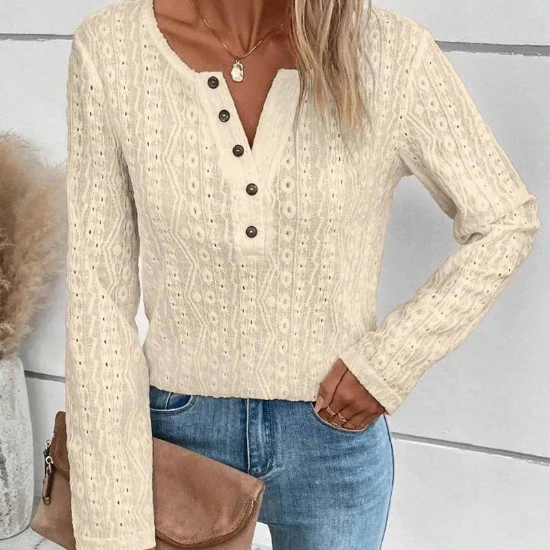 Elegant Woman White Button V-neck Blouse Office Shirt Summer And Autumn Women\'s Fashionable Long Sleeved Hollow Casual Blouse