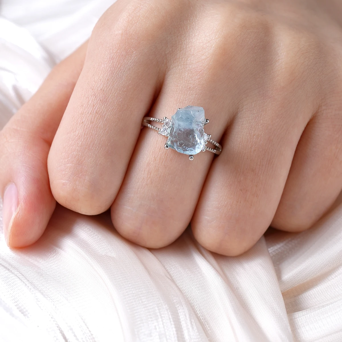 Natural Aquamarine Amethyst Flower Raw Crystal Ring Silver Plated Copper Adjustable Rough Gemstone Statement Rings Women