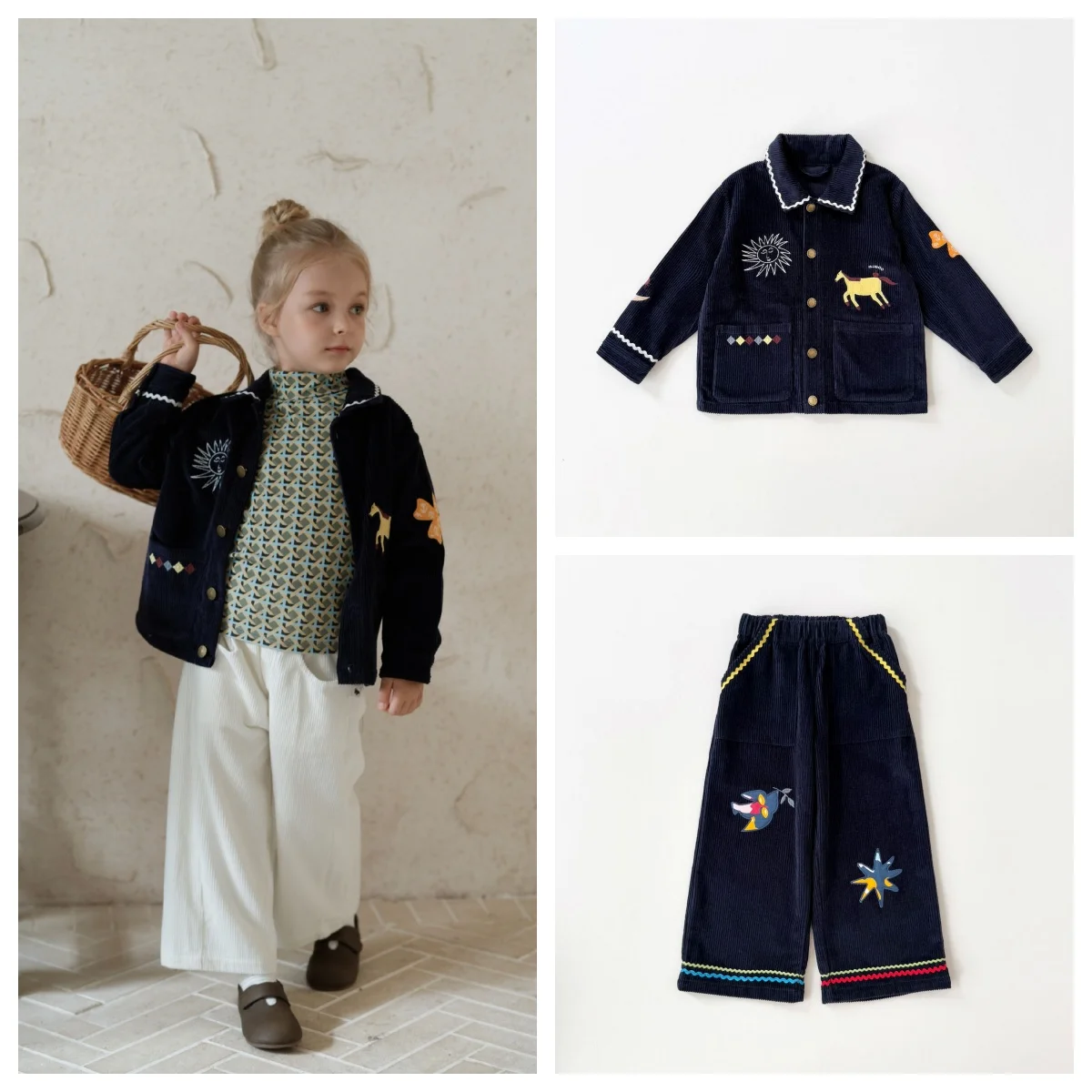 Kids 2-Piece Set 2026 Autumn Winter Cartoon Embroidery Jacket Long Pants Boys Girls Toddler Children Casual Outerwear Outfit