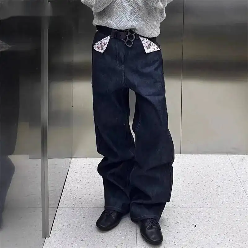 Avant-Garde Men's Patch Jeans Floral Patch Deconstructed Wide Leg Baggy Streetwear Casual Premium Denim Pants 9XHEVX