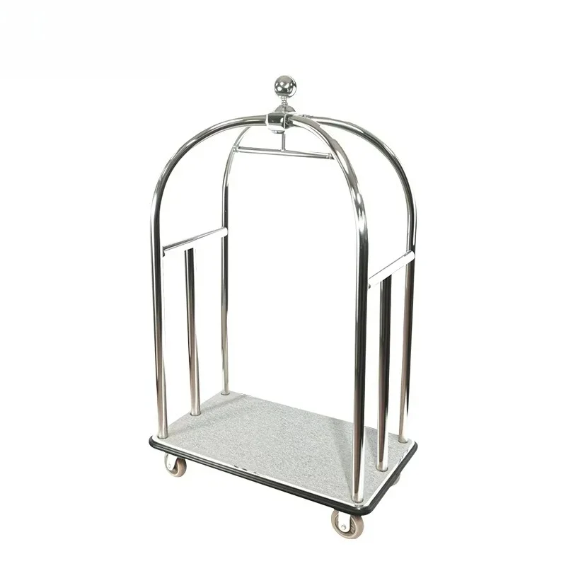 Hotel lobby luggage cart, gold-topped trolley, airport luggage transportation