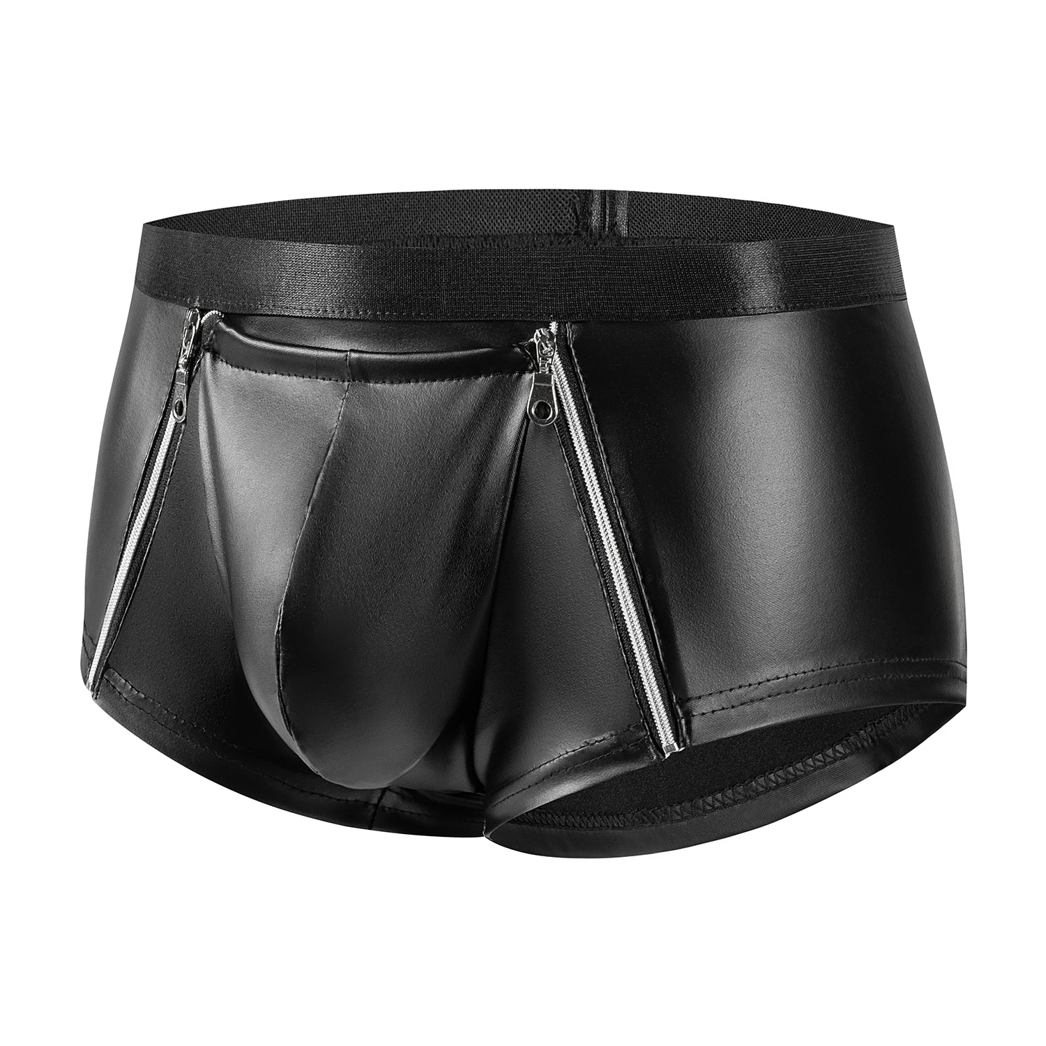 Men\'s Soft Matte Leather Boxer Sexy Double Zipper Open Crotch Underpants Male Stage U Convex Pouch Short Pants Crotchless Sexi