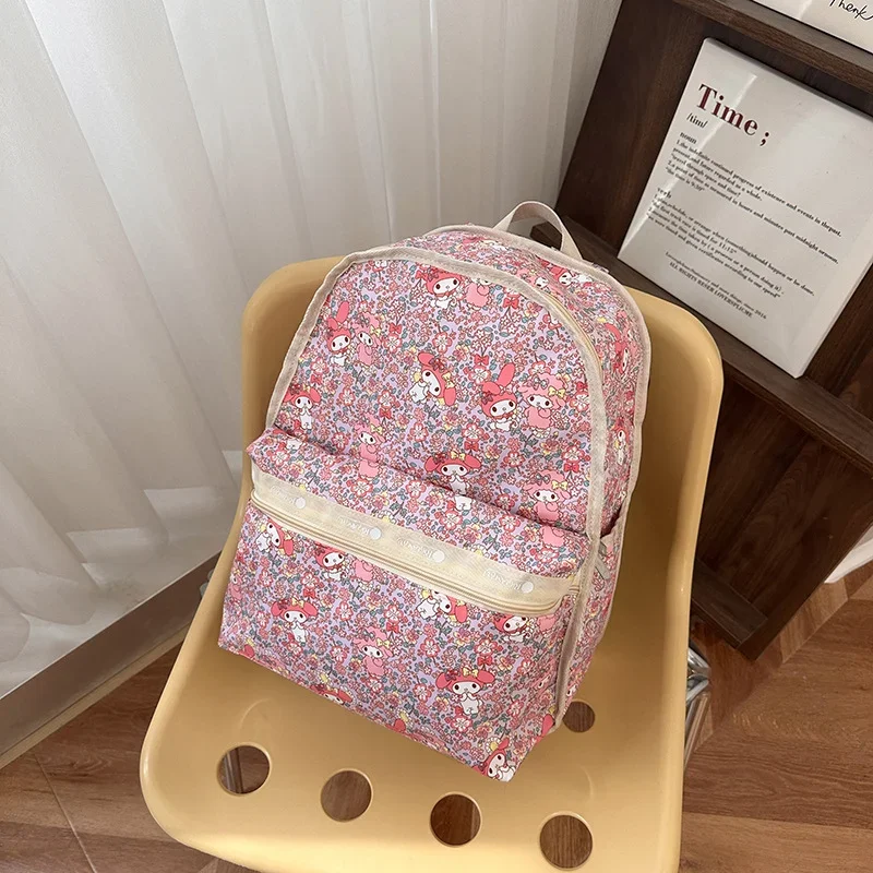 Sanrio Melody Student Schoolbag, desenhos animados, leve, casual, impermeável, grande capacidade, mochila de faculdade, novo