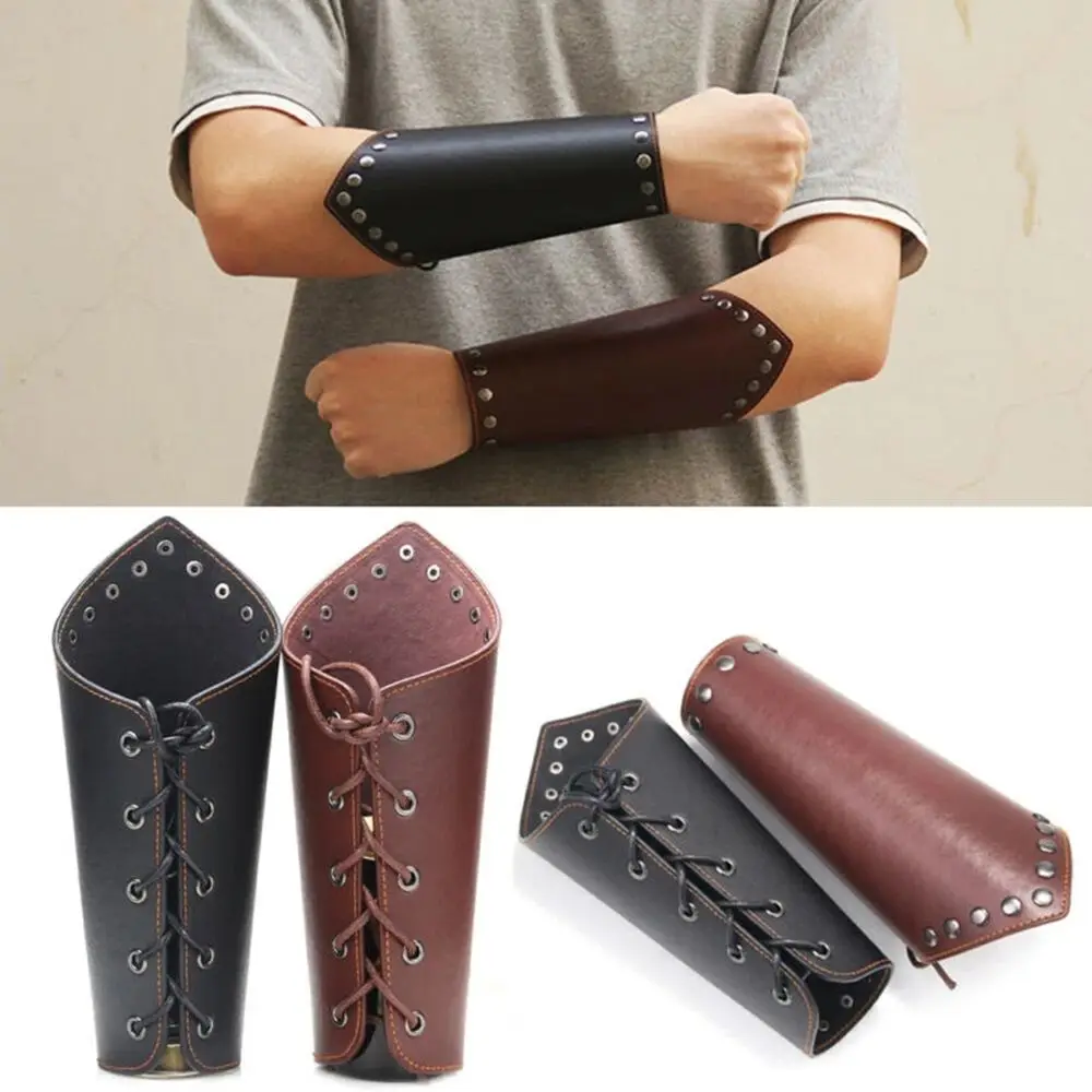 Accesorios deportivos, protector de brazo de tiro con arco de cuero, guantelete Punk, brazalete vikingo, correa segura negra y marrón para hombres y mujeres