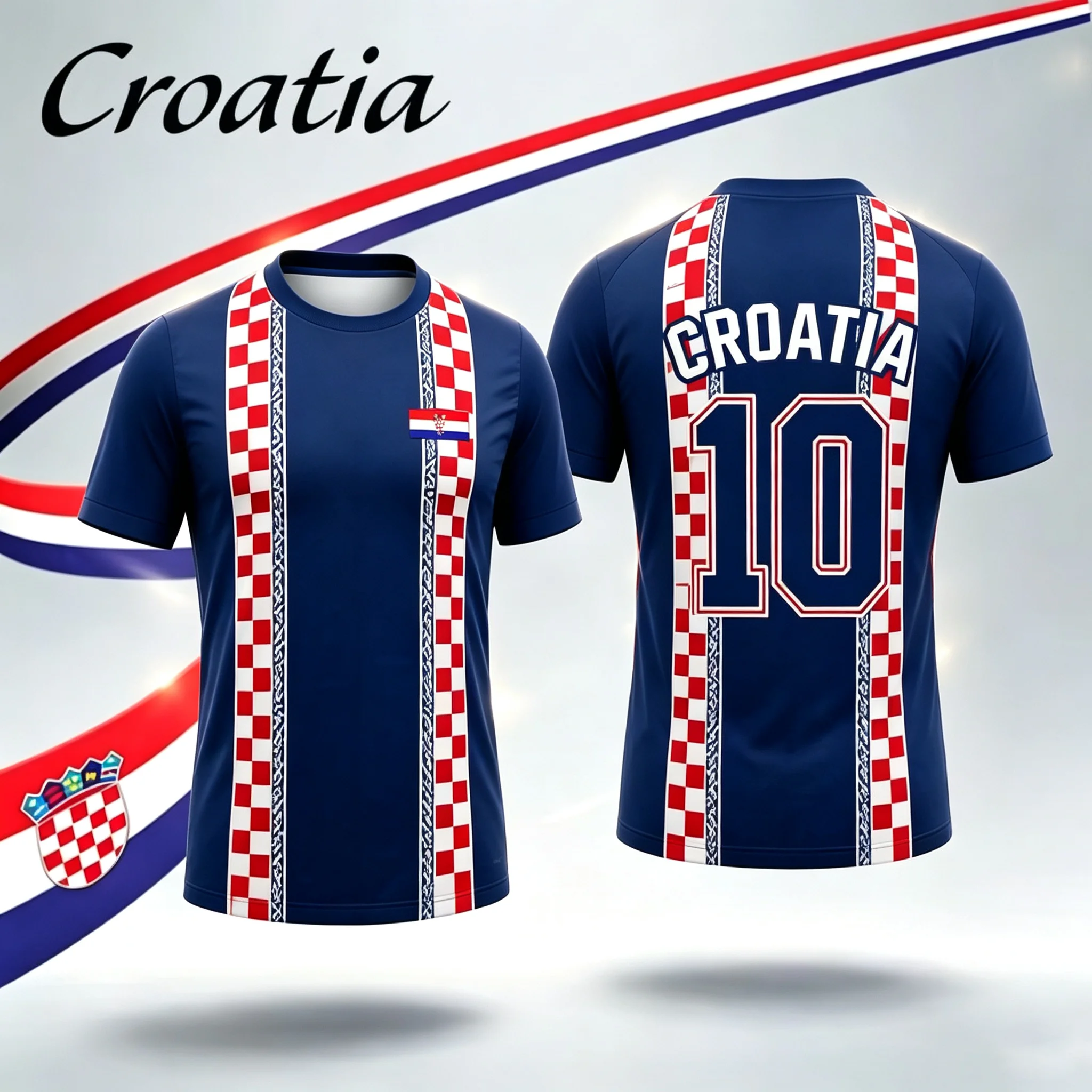Croatia No.10 Fan Football Jersey, Men Quick Dry Breathable Short Sleeve Tee, Red White Checkered Flag Print Sport Supporter Top view 2