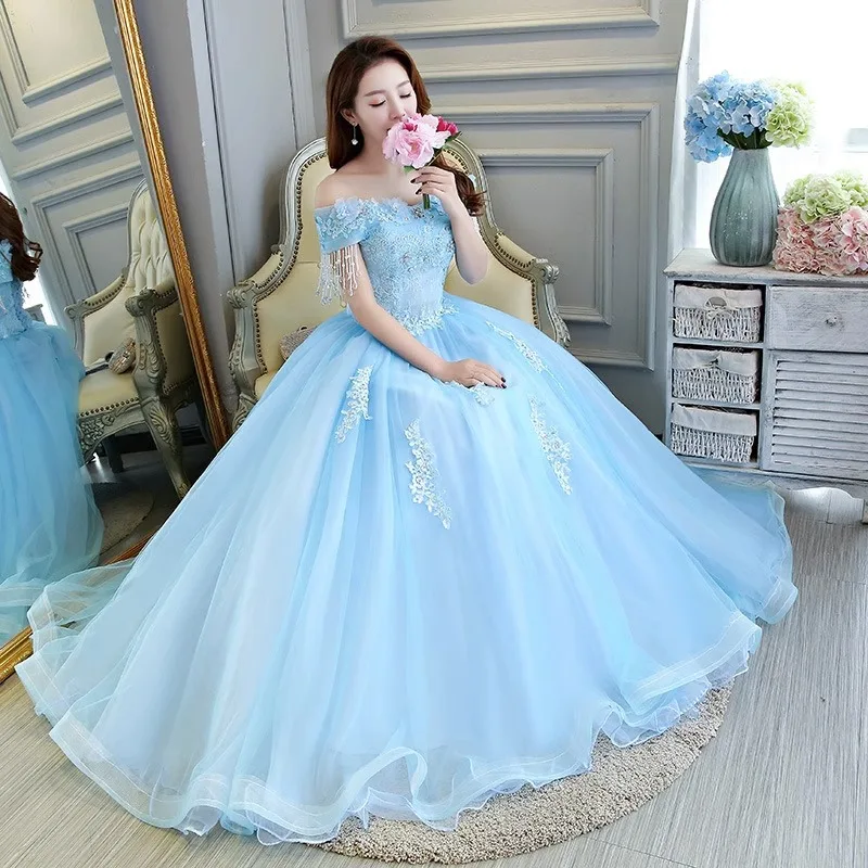 Gloria-vestidos de quinceañera azules para niñas, vestidos de Quinceañera de flores dulces, vestido de baile de encaje de lujo, vestido clásico bohemio para niñas, novedad de verano 4018