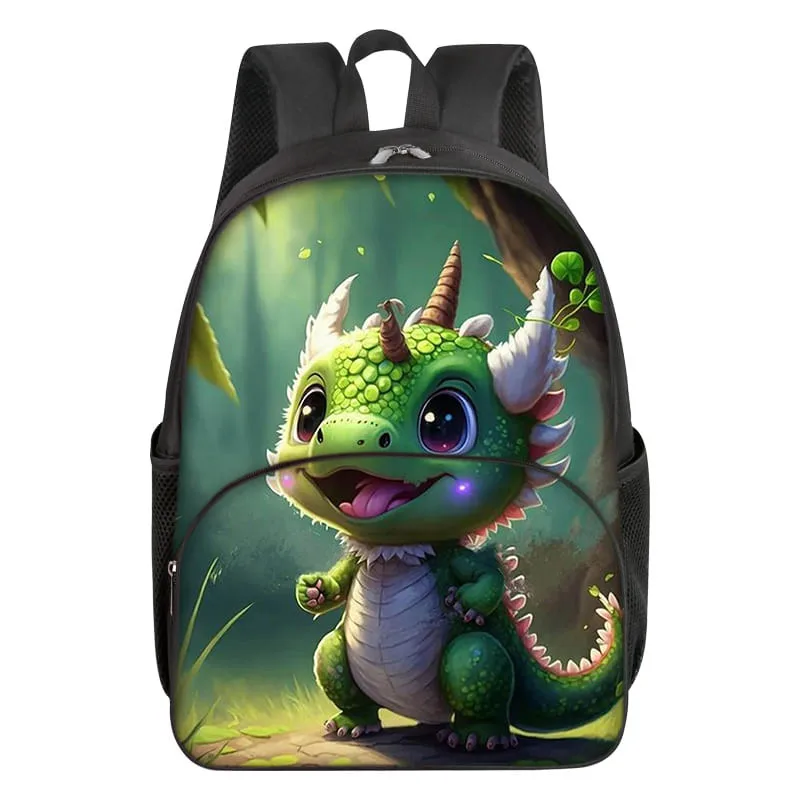Cute Dinosaur Round Front Pocket Backpack for Boy and Girls Best Gifts 2D Flat Cartoon School Bag for Children