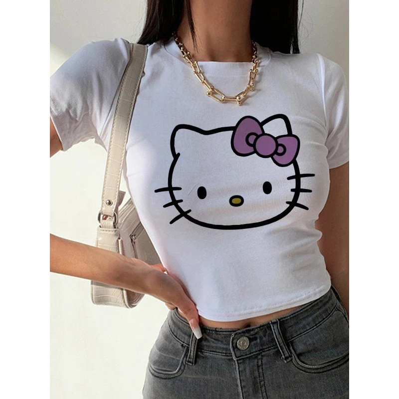 

Футболка с короткими рукавами и принтом «Hello Kitty», эстетичная летняя тонкая футболка 2000-х годов, уличная одежда в стиле Харадзюку, милый женский укороченный топ, одежда Y2K