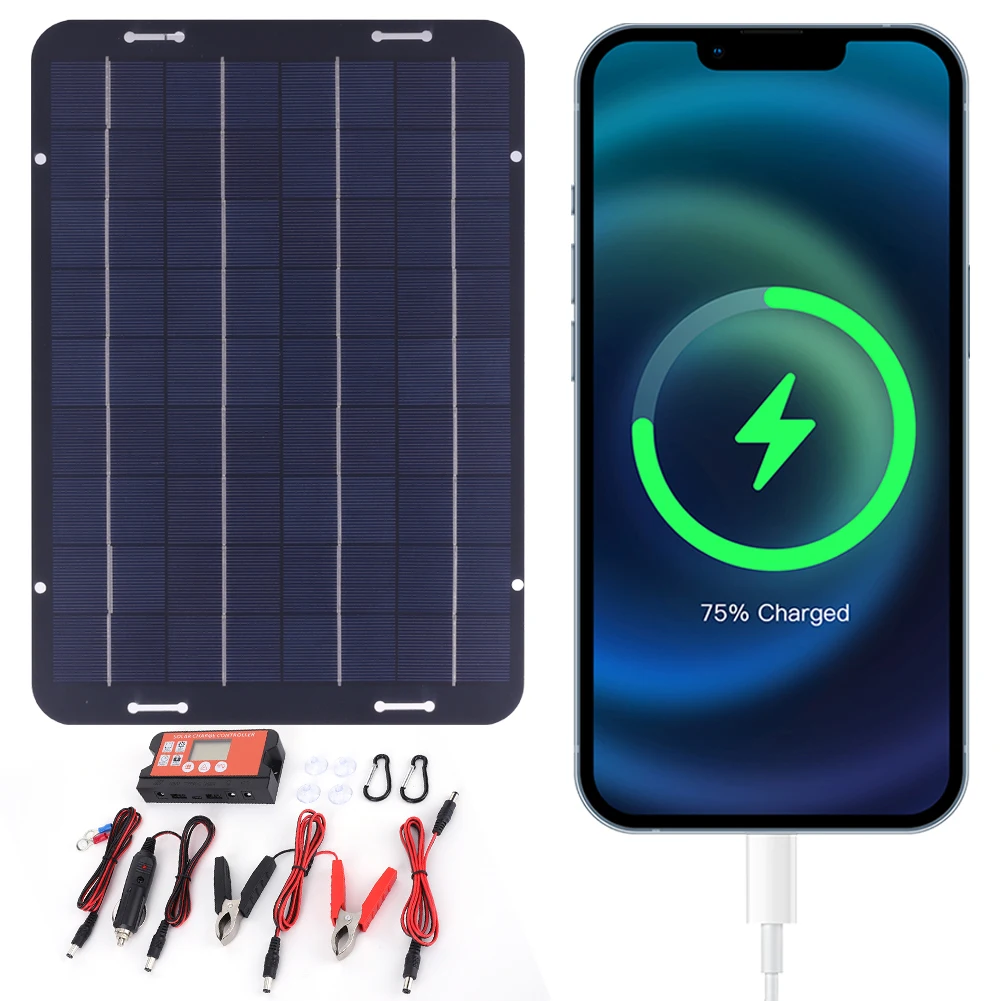 

12W Solar Panel Kit with Solar Charge Controller High-Efficiency Solar Panel Battery Charger for Car RV Boat Motorcycle