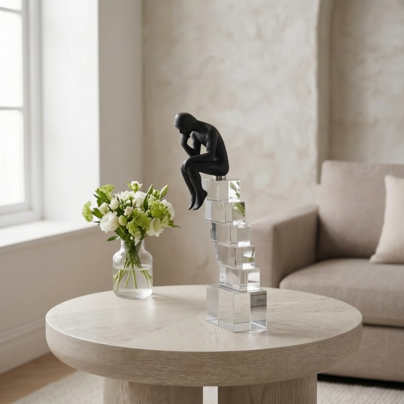 Thinker Statue Matte Black Thinker Sculpture Sculpture with Pedestal Crystal-Like Desk Ornament Artistic for Art Lovers, Shelf